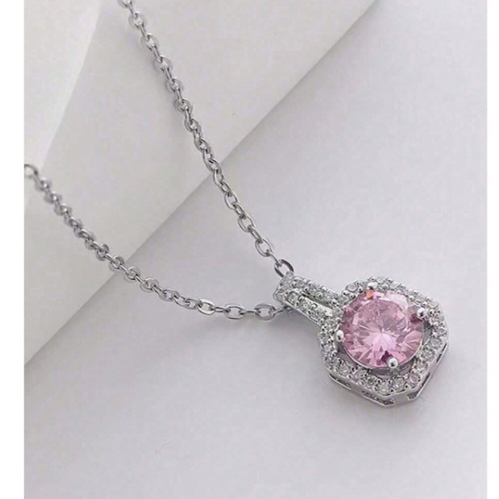 925 Sterling Silver Pink Sapphire Halo Pendant Necklace